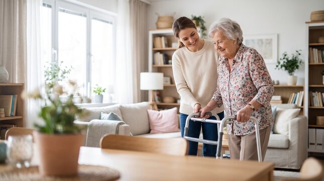 Caring young woman assist smiling senior woman with walker in bright home living room for compassionate elderly care support