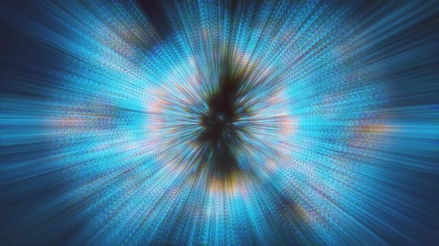 Cosmic blue digital tunnel with chromatic aberration and futuristic speed rays.