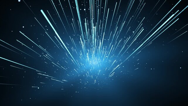 Abstract blue light streaks and glowing particles bursting outward from a radiant center, creating a futuristic sci-fi background for motion graphics.