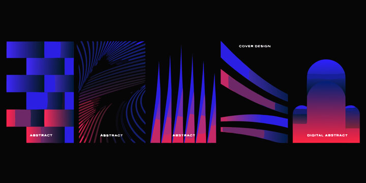 Geometric and fluid abstract shapes with blue and red gradients against a black background