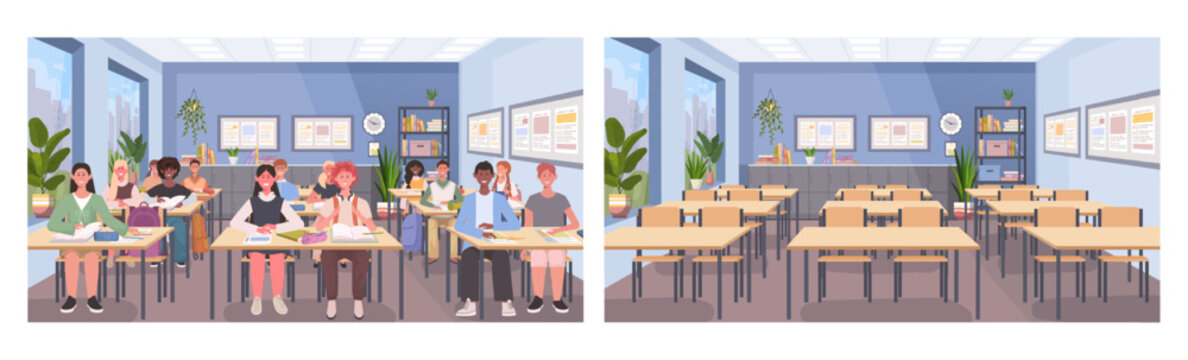 Classroom illustration before and during a lesson one side empty with furniture, the other with students learning. Concept of childrens education, school life. Vector Not AI generated.