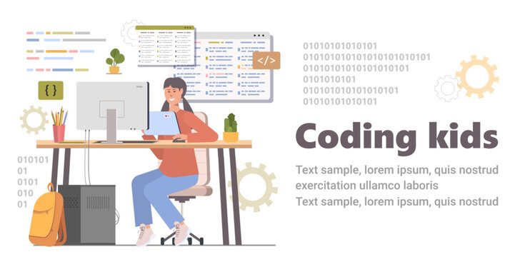 Kids coding school concept. Girl programmer learning coding on a tablet PC, studying programming languages. Children coding at home. Online programming lessons. Vector Not AI generated.