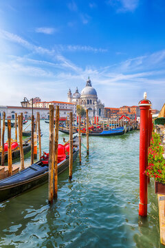 Remarkable morning cityscape of Venice with famous Canal Grande and Basilica di Santa Maria della Salute church.