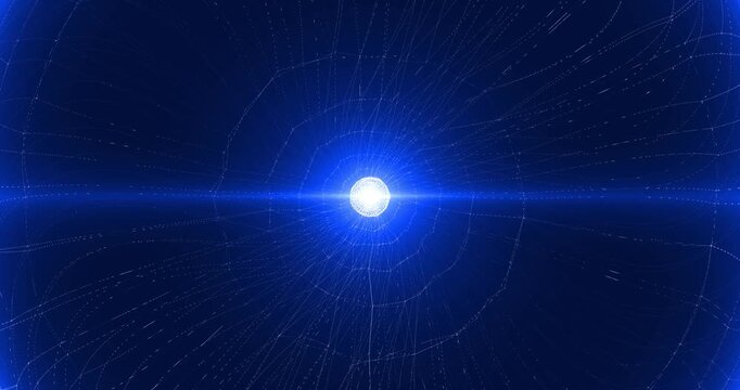 Abstract blue energy core emitting radiant light beams through space, creating a futuristic sci-fi background with glowing particle motion effects.