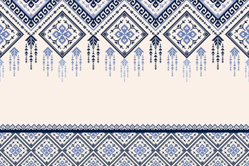 Seamless ethnic ikat border pattern. Blue geometric floral diamond and chevron ornament with cross stitch embroidery style for fabric, textile, frame. © Umpa 