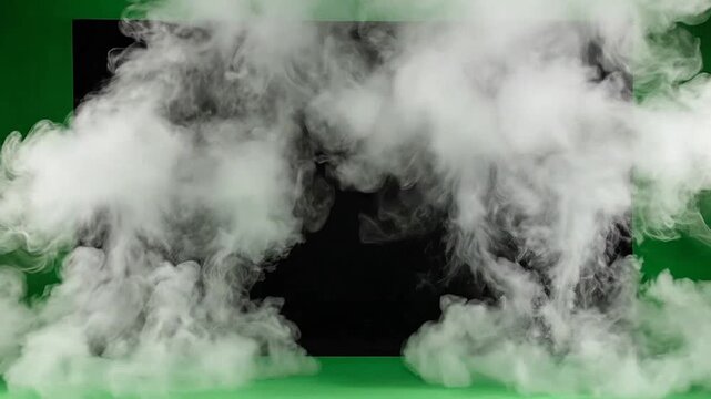 Dense white smoke plumes rise against a dark background with green borders