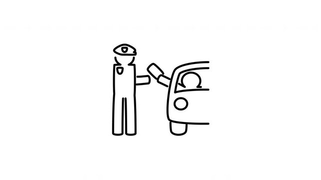 Minimalist outline animation of a traffic cop issuing a fine ticket to a driver in a car drawing on and fading out. Features 3 color setups.