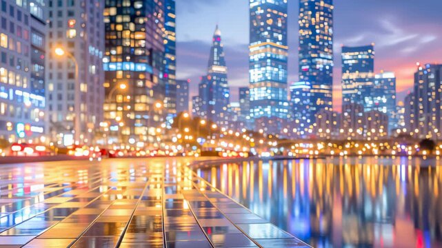 Modern city skyline reflected on calm waterfront at blue hour with colorful lights, wet tiled promenade in foreground, urban architecture, evening atmosphere, and copy space for travel or business con