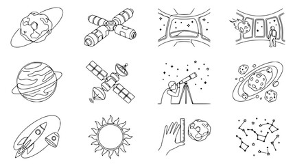 Space Exploration Icons: Planets, Rocket, Telescope, Satellite, Astronaut, Constellations, Sun © Kejar