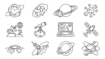 Space Exploration Icons: Planets, Asteroids, Satellites, Telescope, Rocket, Astronomy © Kejar