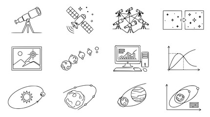 Space and Astronomy Icons: Telescope, Satellite, Planets, Nebula, Computer, Graphs © Kejar