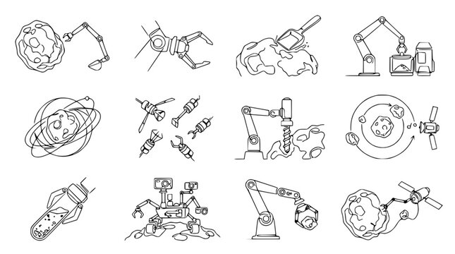 Space Mining Robots and Asteroid Exploration Line Art Icons Set