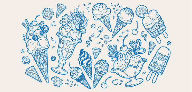Sweet ice cream sundae scoop, blue ink refreshing summer dessert, hand drawn waffle cone gelato sketch, delicious fast food cafe menu, party treat culinary vector illustration, cold cream berry desser