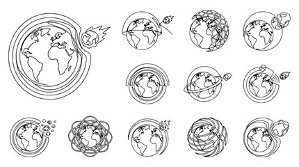 Earth Orbiting Abstract Line Art Collection: Asteroids, Connectivity, and Global Impact © Kejar