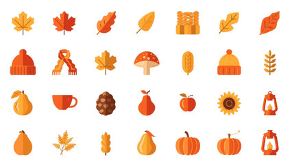 Autumn element flat icon vector collection with pumpkins mushroom leaves hats gloves acorn sunflower and warm seasonal design graphics © Sakhawat Hossen 