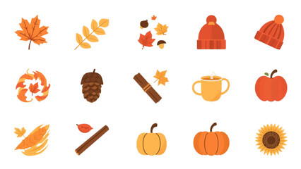 Autumn element flat icon vector collection with pumpkins mushroom leaves hats gloves acorn sunflower and warm seasonal design graphics © Sakhawat Hossen 