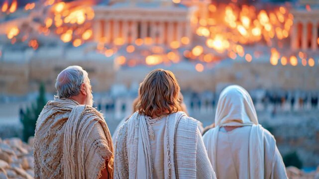 Back view of ancient Israelites witnessing the Second Temple engulfed in flames, dramatic fire and smoke rising over Jerusalem in a powerful historical scene symbolizing loss, exile,