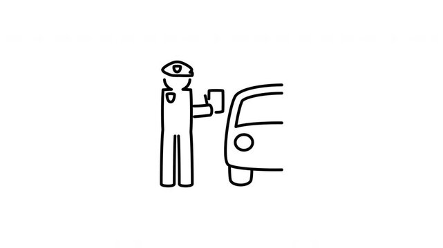 Minimalist outline animation of a police officer holding a pen and writing a traffic ticket penalty drawing on and fading out. Features 3 color setups.