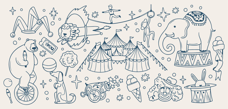 Vintage circus tent amusement performance, hand drawn fairground carnival wallpaper, retro tightrope walker acrobat sketch, blue ink magician show texture, childhood festival party vector print, fun e