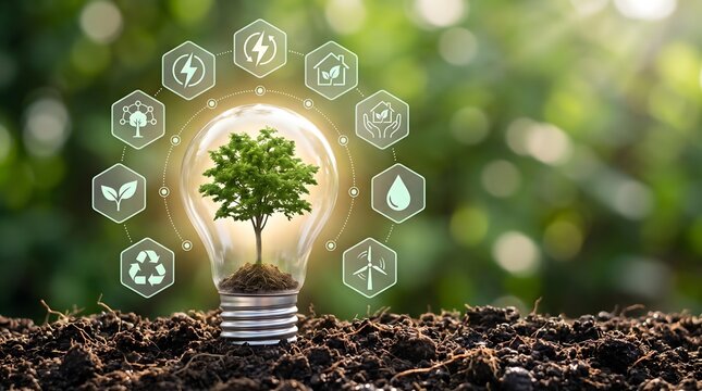 Smart green technology and sustainable development showing glowing tree bulb surrounded by eco interface