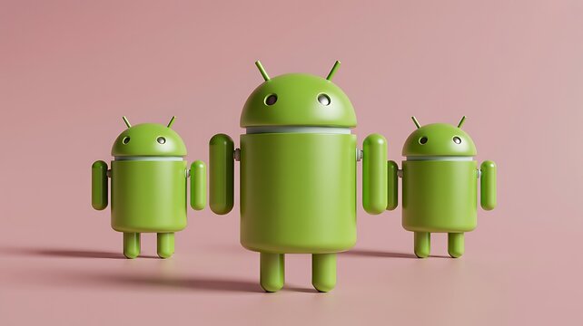 Green android robot characters standing on pink background with minimal 3d illustration