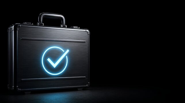 Dark brushed titanium corporate briefcase with a glowing neon cyan checkmark