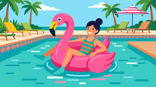 Joyful young woman relaxing on bright pink inflatable flamingo floatie in sparkling turquoise pool surrounded by tropical palms lounge chairs striped umbrella sunny blue sky vibrant summer vacation