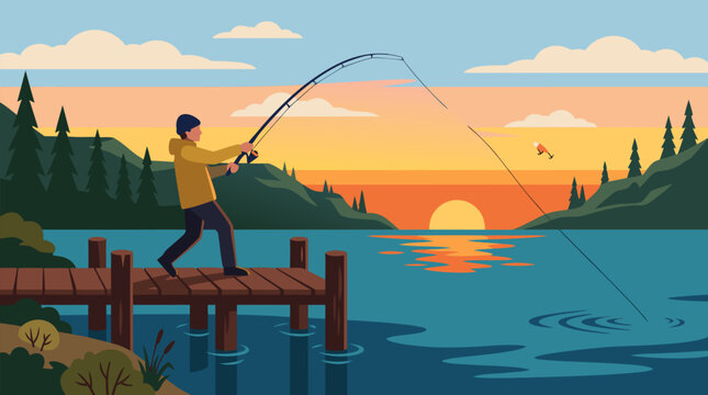 Silhouetted fisherman casting fishing line from wooden pier into calm reflective lake at beautiful golden hour sunrise with misty mountains pine trees colorful sky and flying fish lure in serene