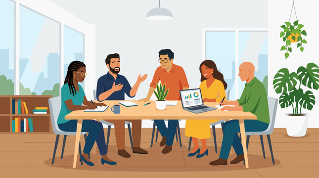 Diverse professional team of coworkers brainstorming ideas together around large wooden table with laptop charts plants and notebooks inside bright modern airy open-plan office with large windows and