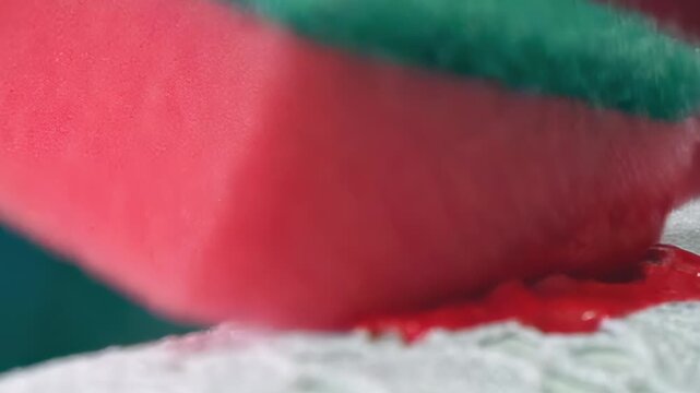 A vibrant red liquid rests on pristine white fabric. A textured sponge gently presses down, beginning a delicate process of absorption and dispersal.