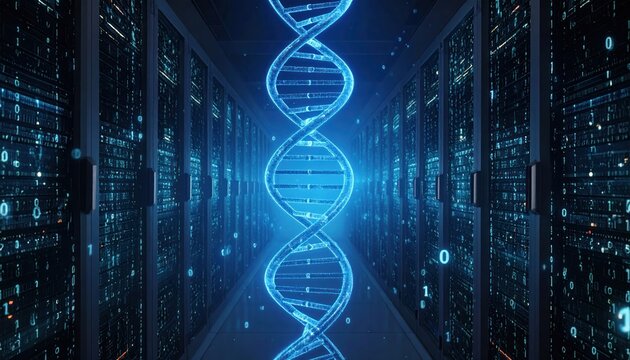 Digital DNA Helix in Futuristic Server Room - Genetics, Biotech, Data Science Concept
