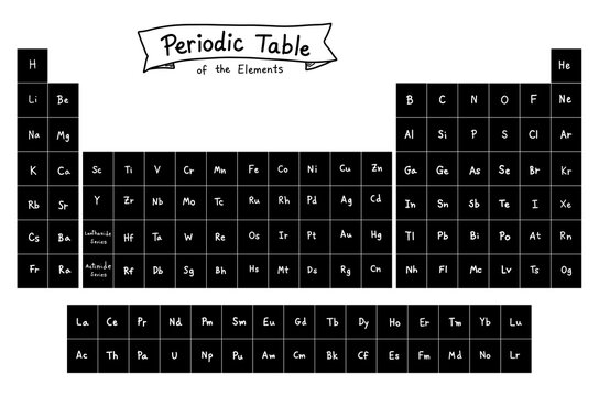 Hand-drawn dark mode periodic table of elements inverted grid diagram in minimalist doodle style, showcasing high contrast chemical symbols for academic science chemistry education