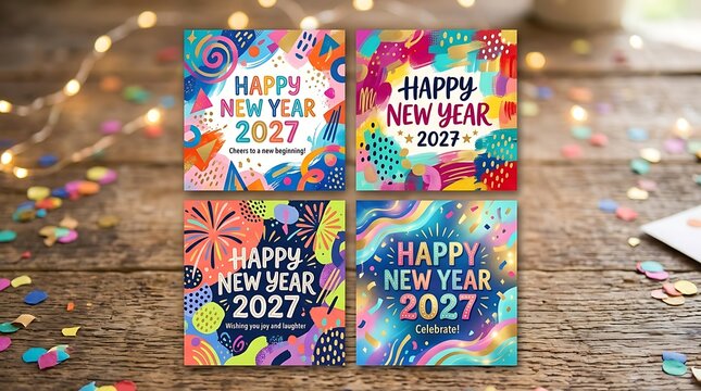 Collection of four bright and colorful happy new year 2027 greeting cards with abstract designs.
