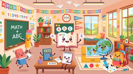 Naklejka premium Students get ready to learn and have fun back to school in a colorful classroom with educational tools and decorations.
