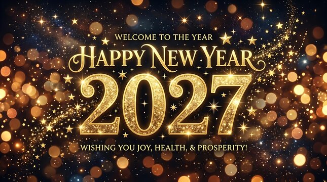 Welcome to year 2027 happy new year gold greeting card with shimmering festive lights.