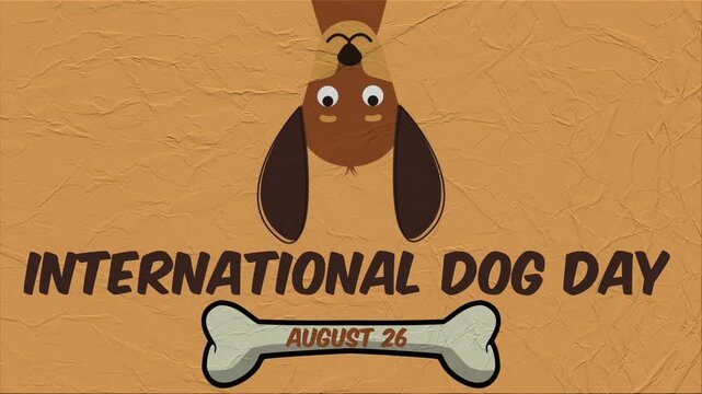 International dog day animation concept with upside down cute dog face and bone on brown crumpled paper texture background.