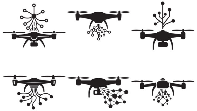 Drone silhouettes with artificial intelligence and network data icons, futuristic quadcopter technology concept isolated on black background