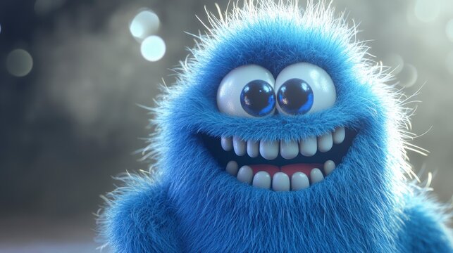 Cheerful blue furry monster with big eyes and wide smile.