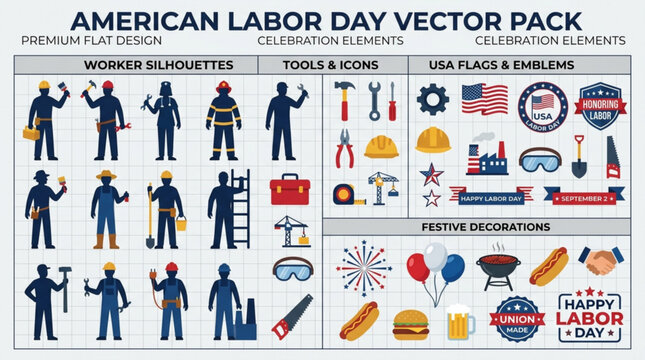 American labor day vector design pack featuring worker silhouettes construction tools flags festive decorations