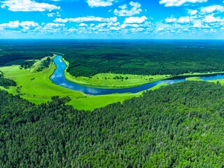 Naklejka premium Riverbank with lush green trees and vibrant blue waters under a clear sunny sky with clouds