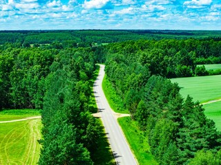 Naklejka premium Curved highway cutting through green forest landscape on a sunny day with blue sky