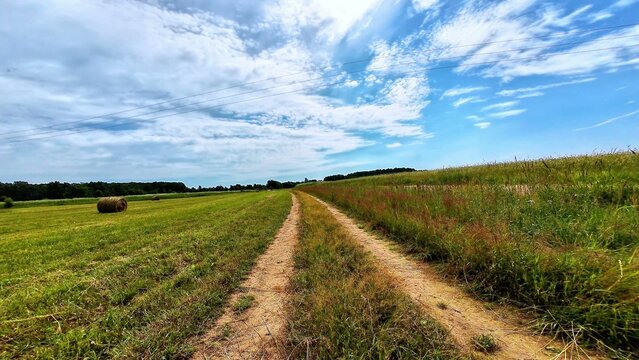 Dirt path leading through green fields with distant hay bales under a cloudy sky