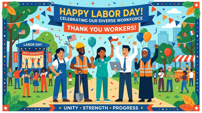 Happy labor day illustration celebrating diverse workforce with multicultural workers construction staff and medical professionals holding flags