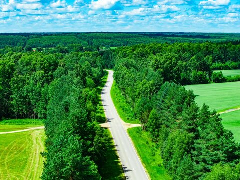 Curved highway cutting through green forest landscape on a sunny day with blue sky