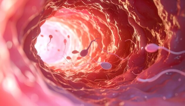 Spermatozoa swimming in fallopian tube, fertilization concept, 3D render