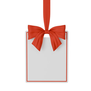 ​3D render vertical gift tag with red ribbon bow and white blank card for copy space, realistic mock up element for Christmas decoration, birthday greeting, shopping discount label or festive celebrat