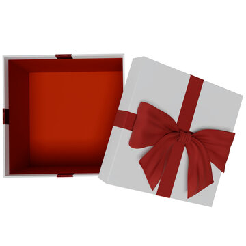 3D render of an empty open square gift box featuring a rich red inside and a matching large decorative ribbon bow. Perfect for festive celebrations, Christmas marketing, Valentine's Day designs