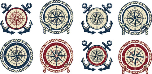 Vintage Nautical Compass and Anchor Badge Set Featuring Marine Ropes and Wind Rose Symbols for Maritime Branding Yacht Clubs and Sea Adventure Vector Illustration © amzad