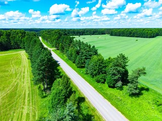Naklejka premium Aerial view of winding country road surrounded by lush green fields and dense woodlands