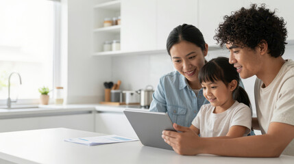 Fototapeta premium Happy family asian family parents child daughter father mother kitchen together tablet happy family asian family parents child daughter father mother kitchen together tablet smile bonding modern